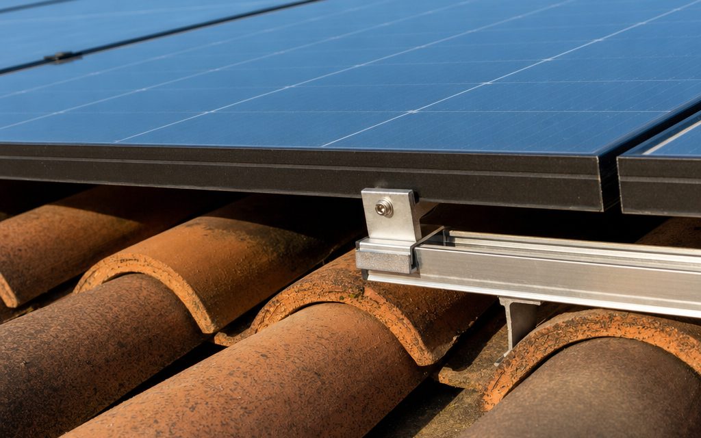 Modules photovoltaïques posés sur rails au-dessus d'une toiture en tuiles