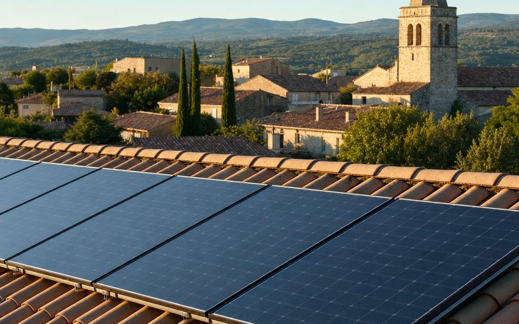 Toiture équipée de panneaux photovoltaïques dans un village d'Occitanie